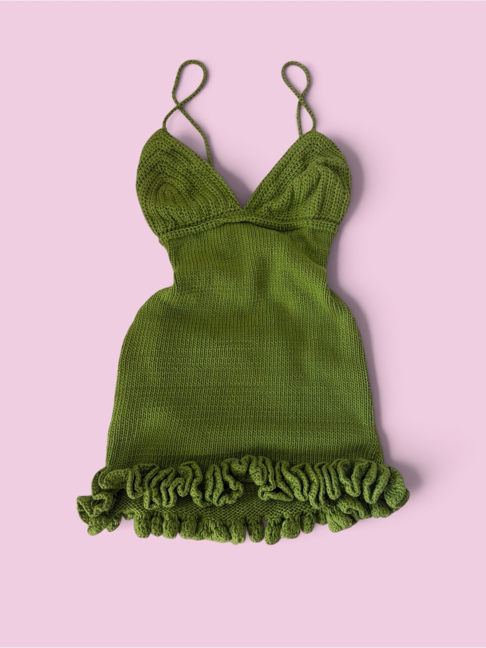 Hand made Green Knit Mini Dress with lace up back